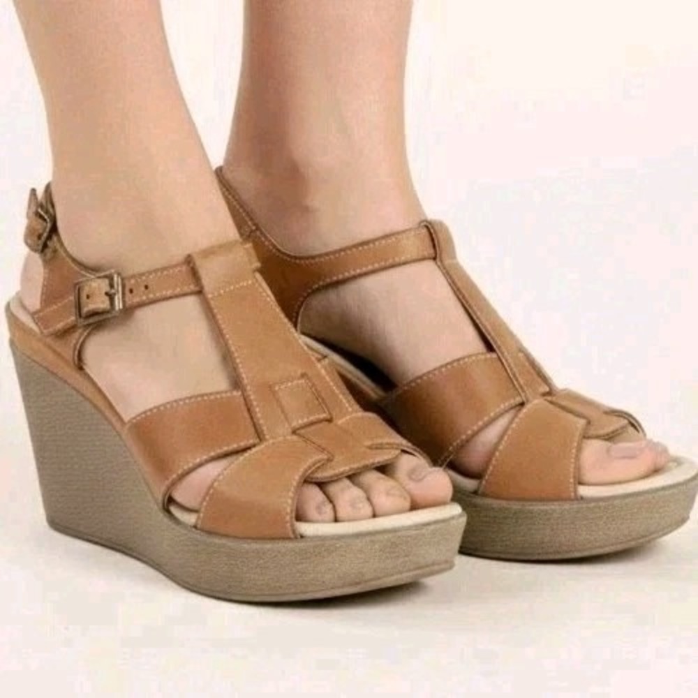Sundance Leather Wedge Sandals Made in Italy EU 37 Boho Summer Resort Platform